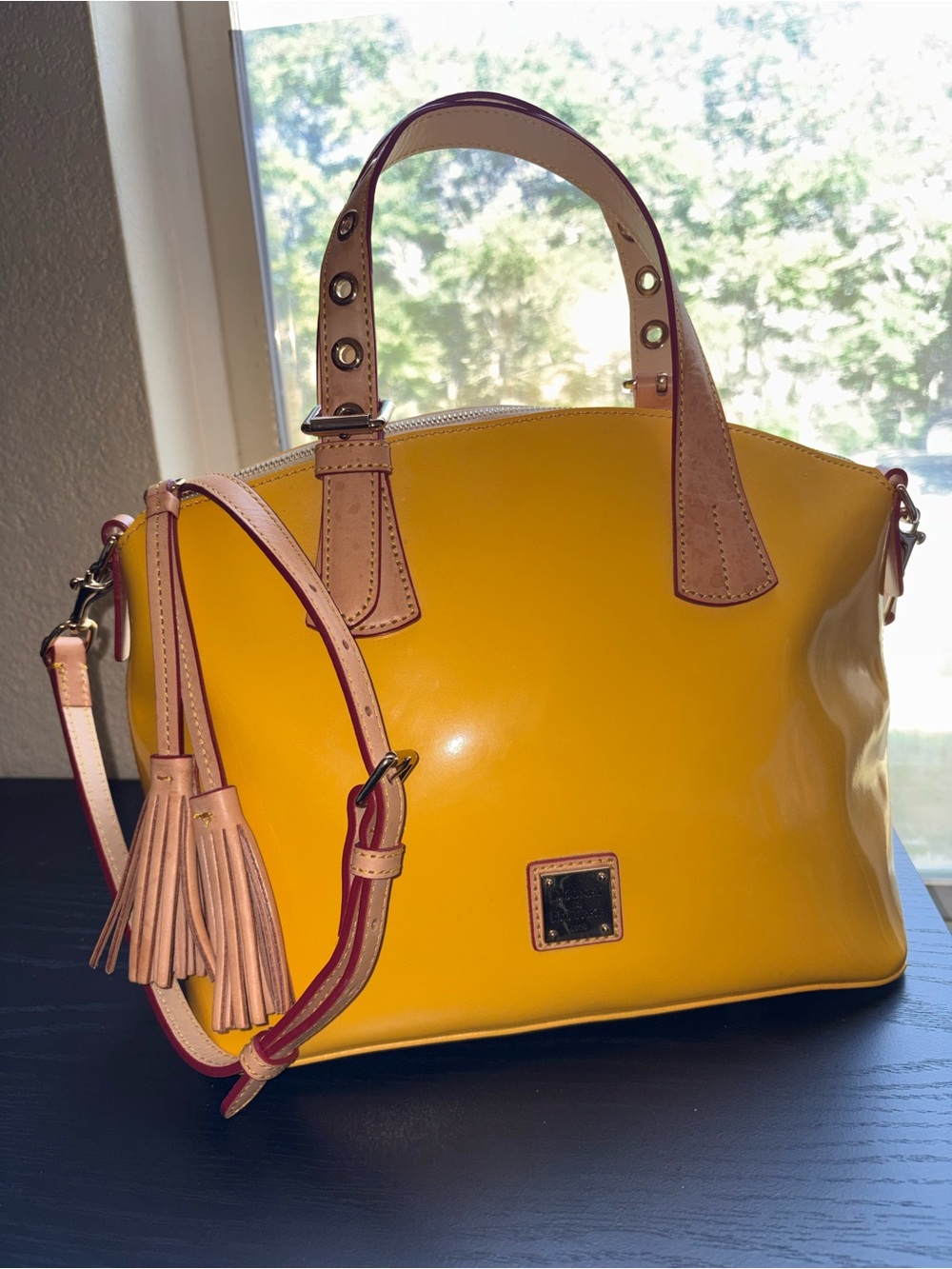 Dooney & Bourke Yellow Patent Leather Satchel with Tan Trim